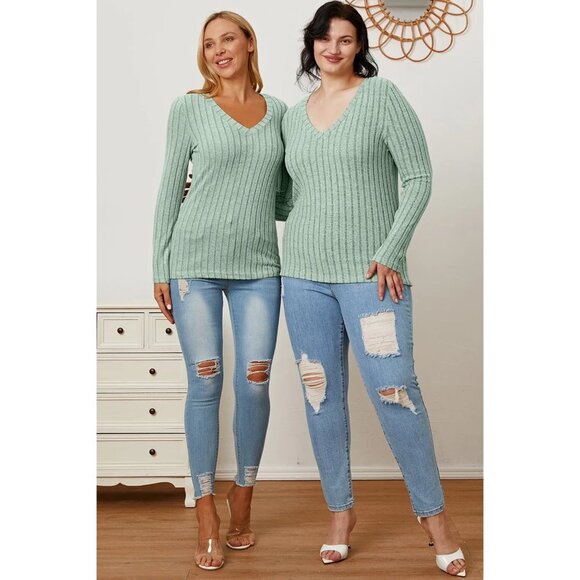 Basic Bae Full Size Ribbed V-Neck Long Sleeve T-Shirt - Picture 11 of 11